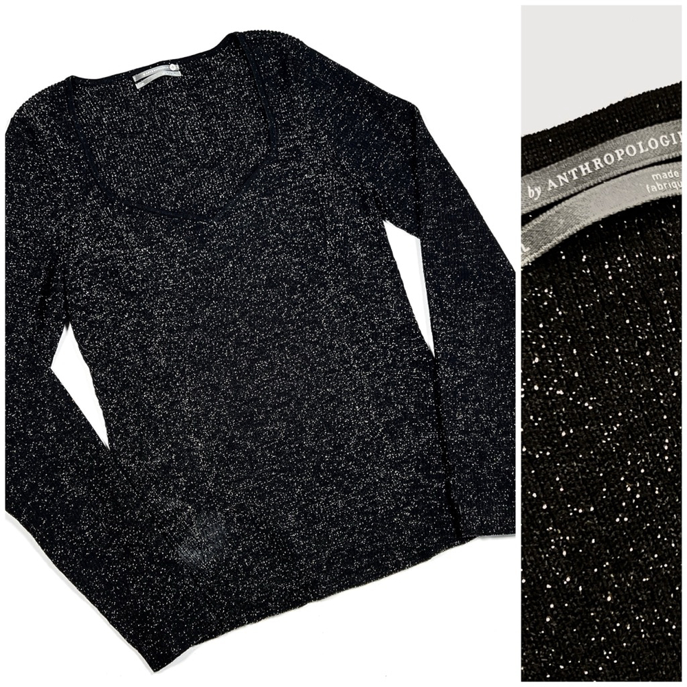 Anthropologie Wkmans Top Black Gold Sparkle Lurex V-Neck Sweater Knit XL